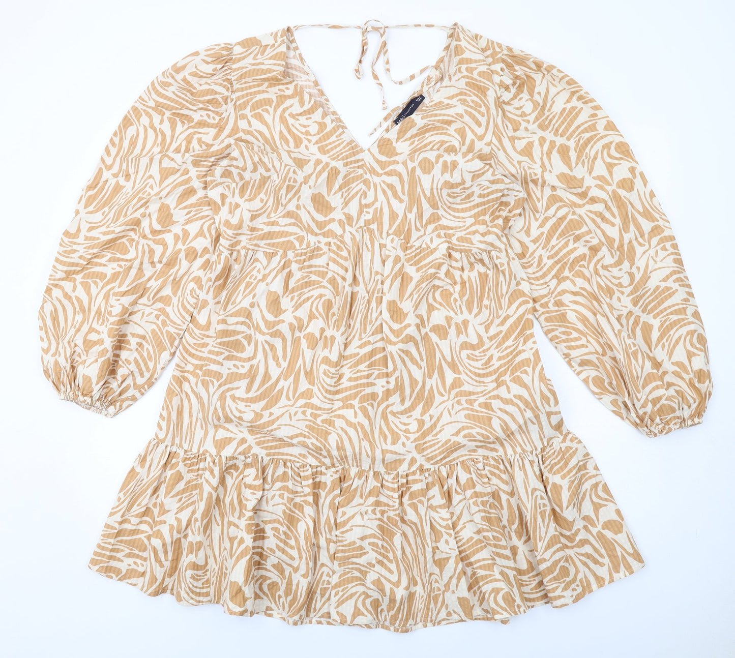 Marks and Spencer Womens Beige Geometric Viscose Skater Dress Size 14 V-Neck Pullover