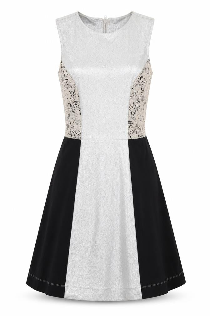 Front view of French Connection women’s multicoloured polyester tank dress, size UK 10, round neck zip - lace details