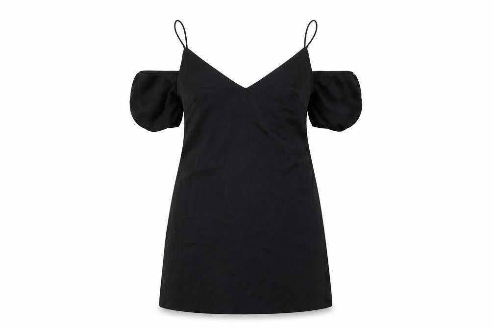 Front view of ASOS women’s black polyester a-line, size XS, v-neck pullover - cold shoulder