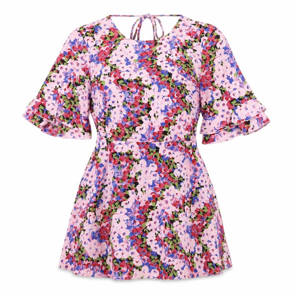 Front view of Miss Selfridge women’s multicoloured floral polyester mini, size UK 8, round neck pullover
