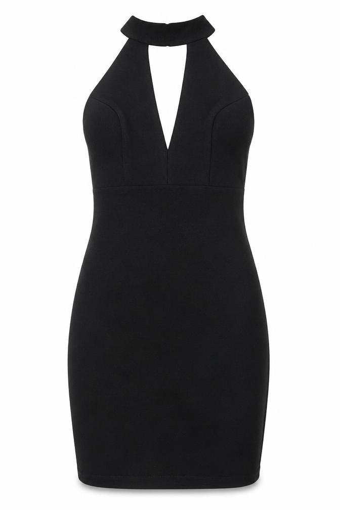 Front view of Miss Selfridge women’s black polyester bodycon, size UK 8, halter pullover
