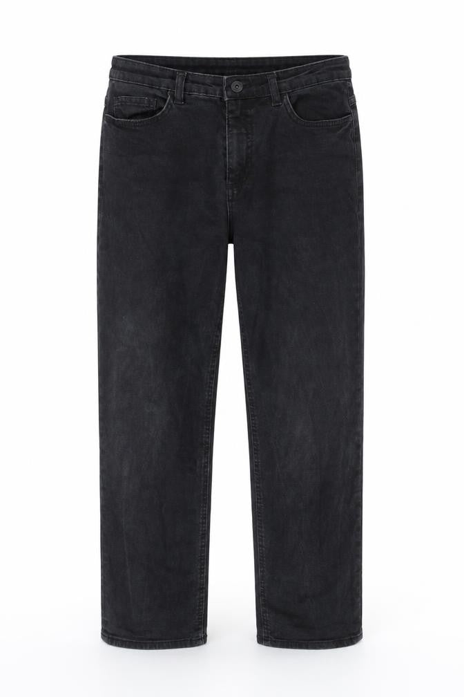Front view of ICHI women’s black cotton straight jeans, size UK 30, in, 27-inch leg regular zip