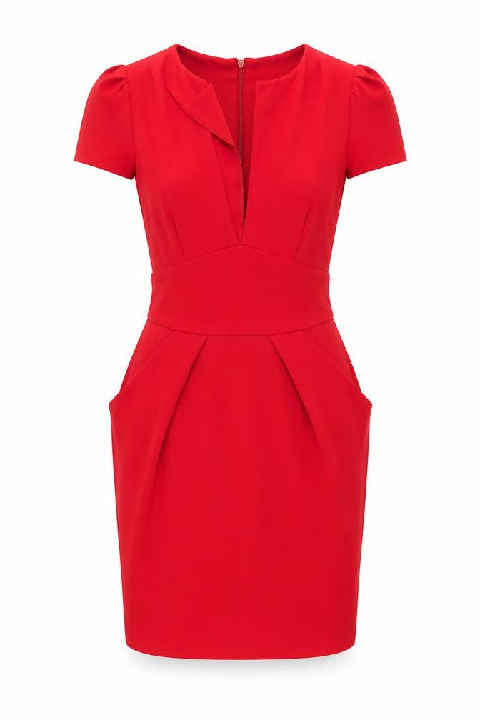 Front view of ASOS women’s red acrylic shift, size UK 10, v-neck zip