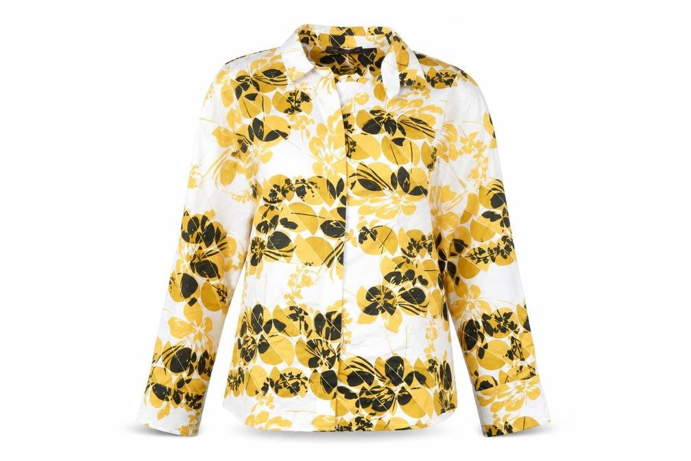 Marks and Spencer Womens Yellow Geometric Polyester Basic Button-Up Size 14 Collared