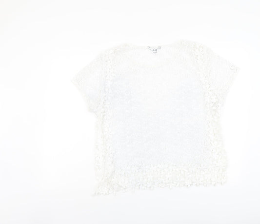 Suzanne Grae Womens White Floral Polyester Basic T-Shirt Size L Round Neck