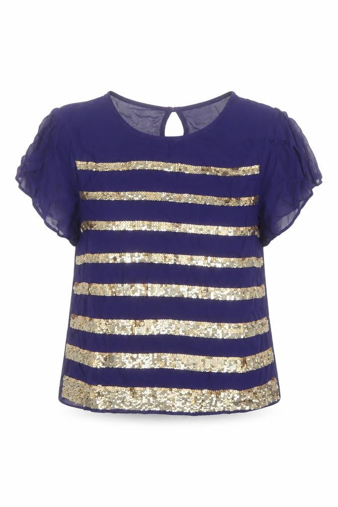 Topshop Womens Blue Striped Polyester Basic Blouse Size 10 Round Neck