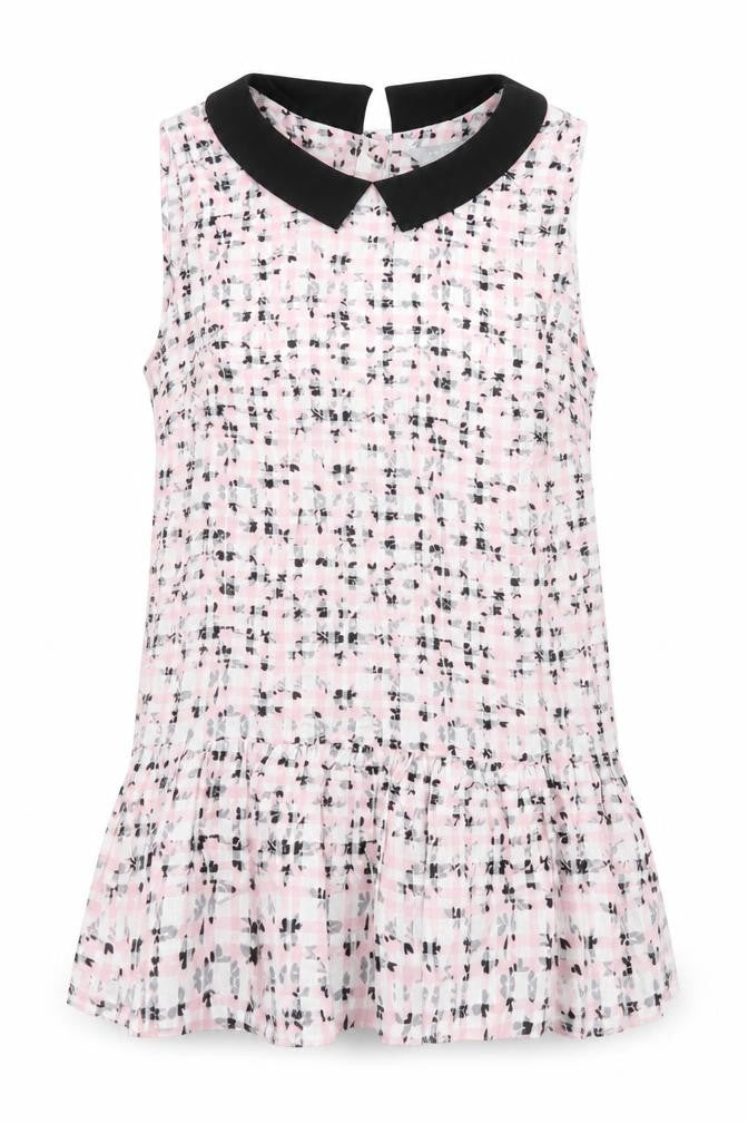 Front view of Red Herring women’s pink geometric viscose basic blouse, size UK 8, collared - peplum