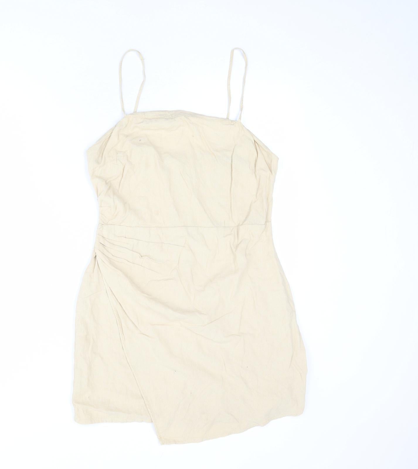 Zara Womens Beige Linen Slip Dress Size L Square Neck Zip