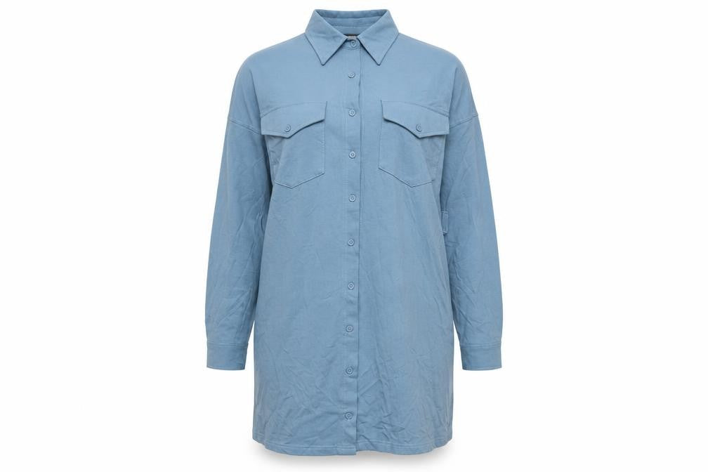Front view of Missguided women’s blue polyester shirt dress, size UK 12, collared button