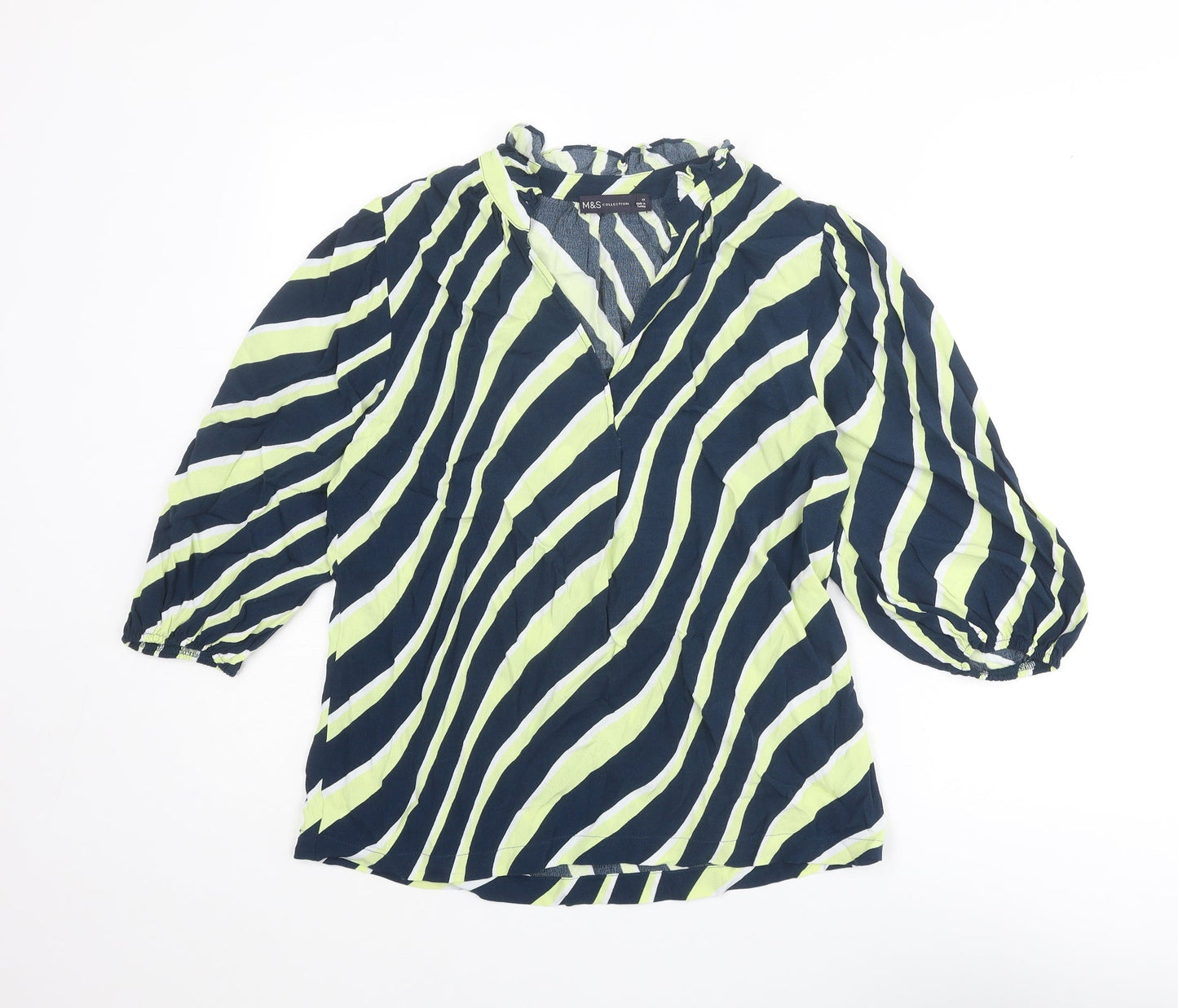 Marks and Spencer Womens Blue Striped Viscose Basic Blouse Size 10 V-Neck