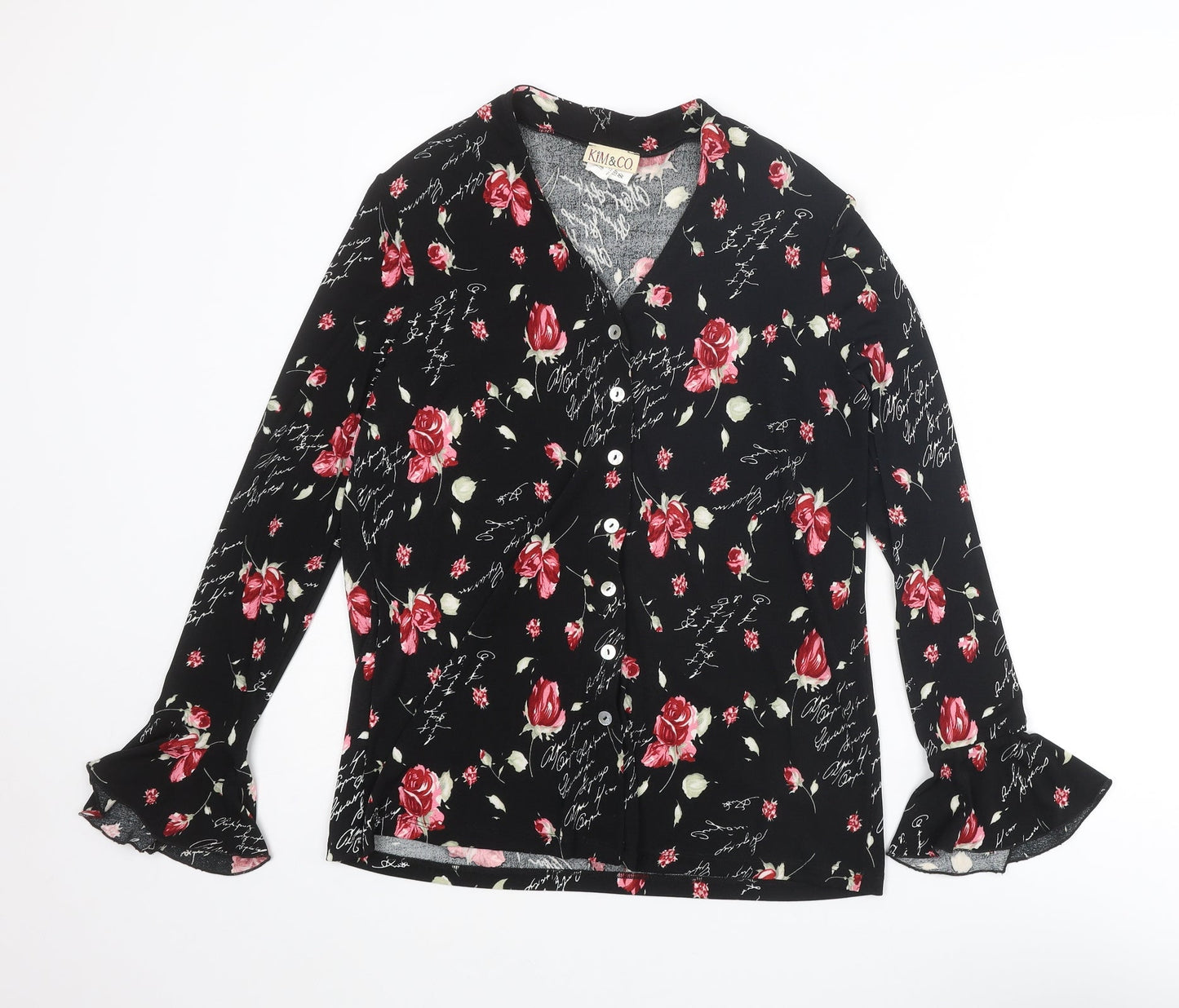Kim & Co Womens Black Floral Polyester Basic Button-Up Size S V-Neck - Flared Sleeve