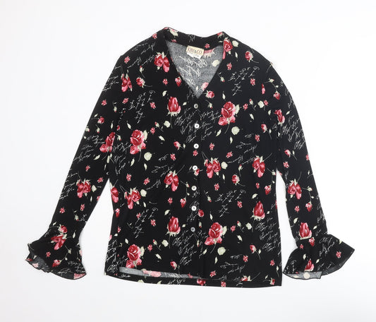 Kim & Co Womens Black Floral Polyester Basic Button-Up Size S V-Neck - Flared Sleeve