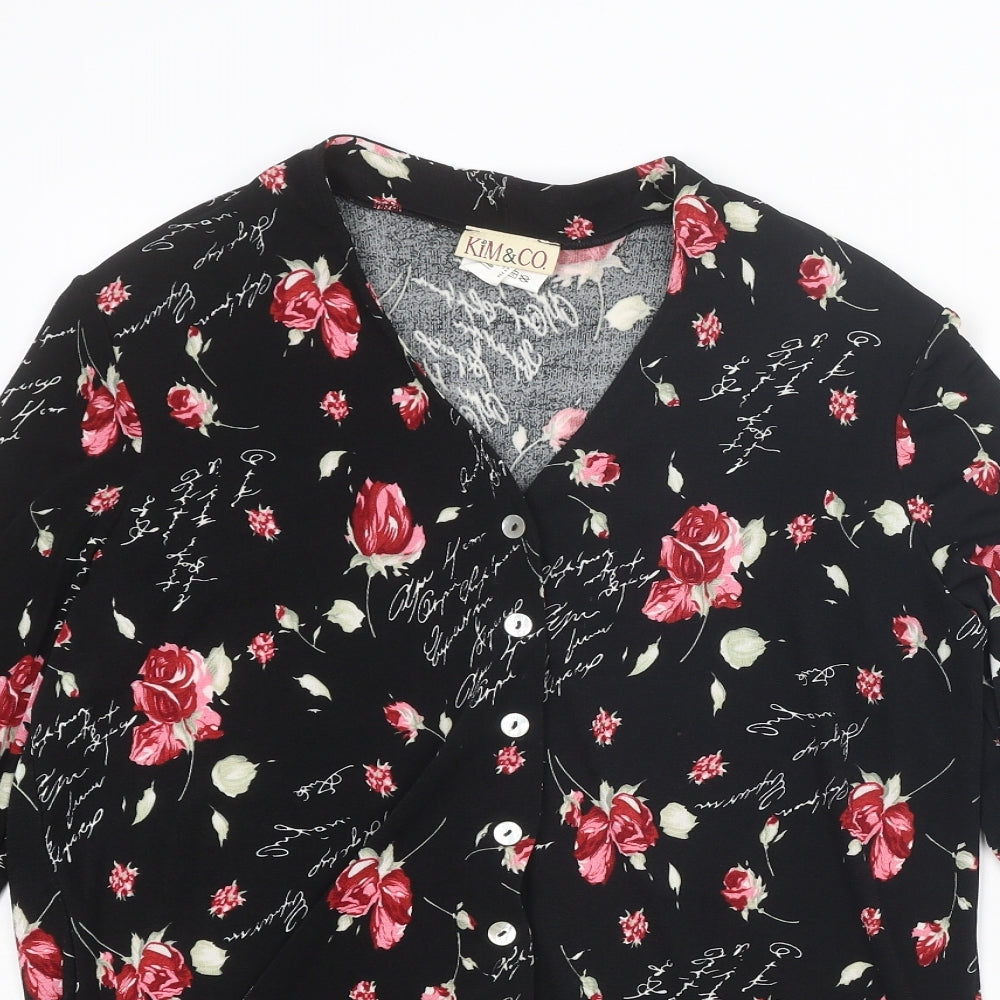 Kim & Co Womens Black Floral Polyester Basic Button-Up Size S V-Neck - Flared Sleeve