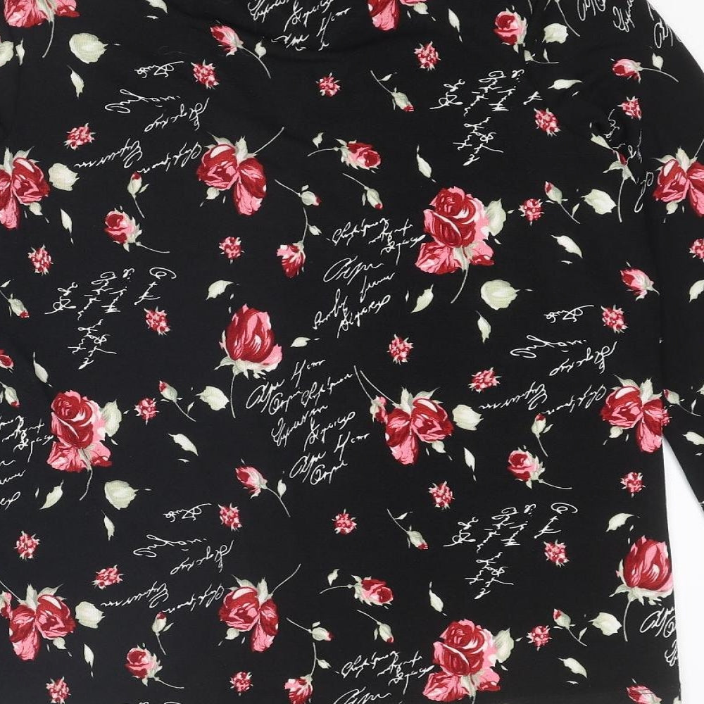 Kim & Co Womens Black Floral Polyester Basic Button-Up Size S V-Neck - Flared Sleeve