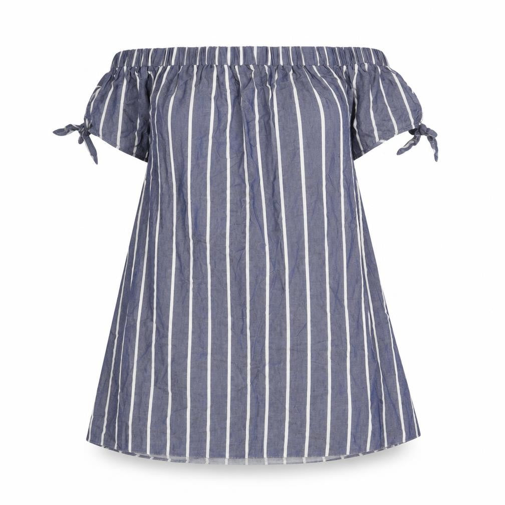 Front view of ASOS women’s blue striped cotton a-line, size UK 10, off the shoulder pullover