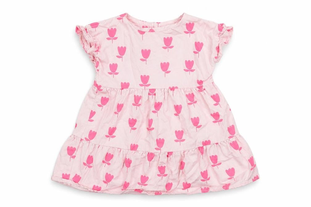 Front view of Marks & Spencer girls’ pink floral cotton a-line, size 3-6, months round neck button