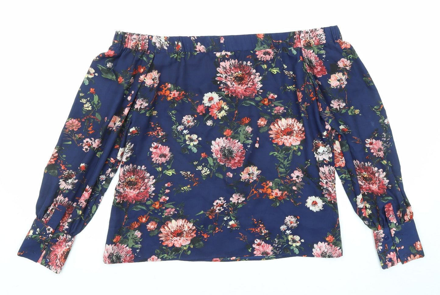 Warehouse Womens Blue Floral Polyester Basic Blouse Size 10 Off the Shoulder