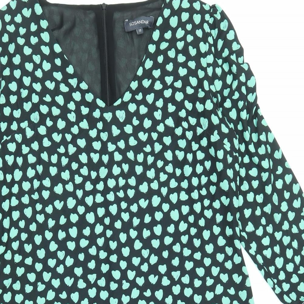Sosandar Womens Black Geometric Polyester A-Line Size 12 V-Neck Zip - Heart pattern