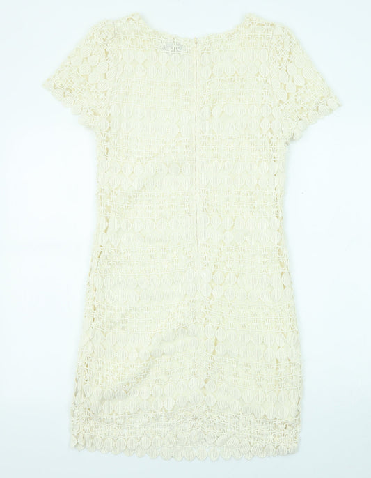 Yumi Womens Beige Geometric Cotton Shift Size M Boat Neck Zip