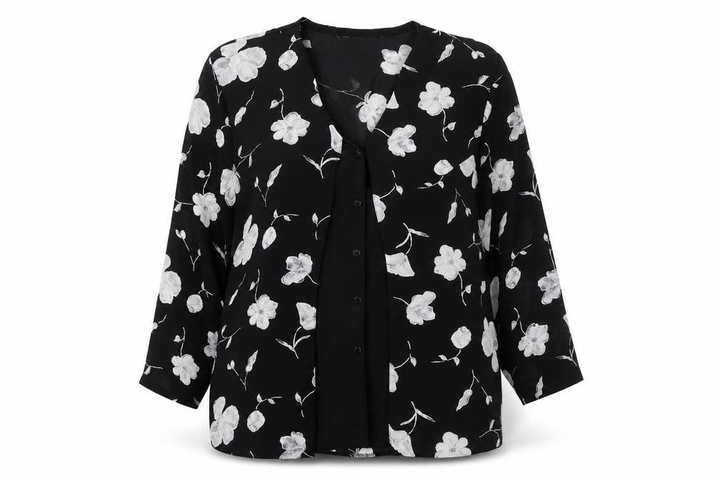 Bella Moda Womens Black Floral Polyester Basic Blouse Size 18 V-Neck