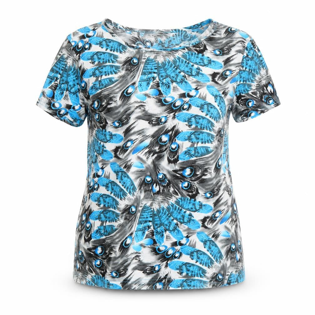 Front view of Alexara women’s blue geometric viscose basic t-shirt, size UK 16, boat neck