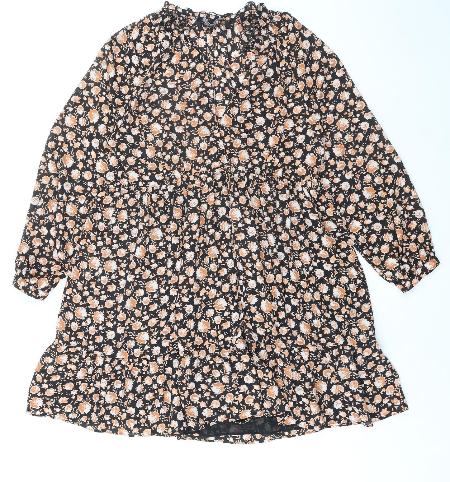 Zara Womens Black Floral Polyester Skater Dress Size S Round Neck Button