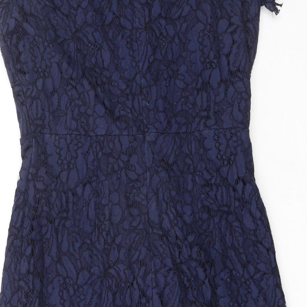 Wallis Womens Blue Floral Nylon A-Line Size 10 Boat Neck Zip