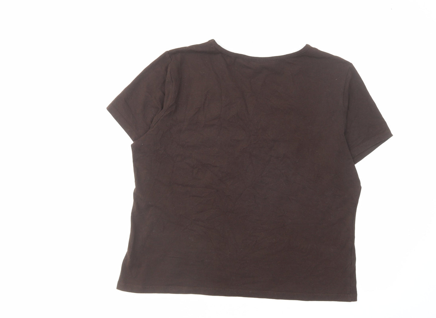 CC Womens Brown Cotton Basic T-Shirt Size L V-Neck - Floral Detail