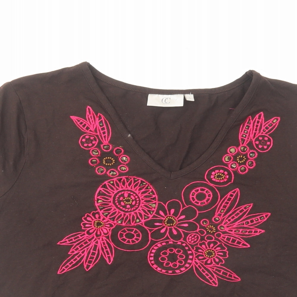 CC Womens Brown Cotton Basic T-Shirt Size L V-Neck - Floral Detail