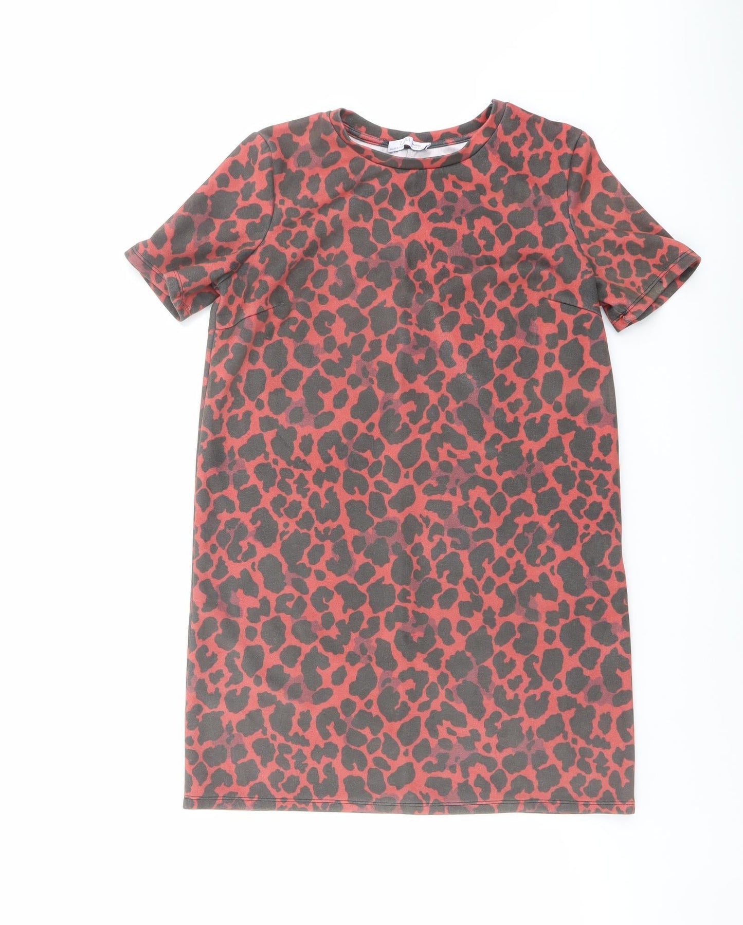 Zara Womens Red Animal Print Polyester Basic T-Shirt Size S Round Neck - Leopard Print