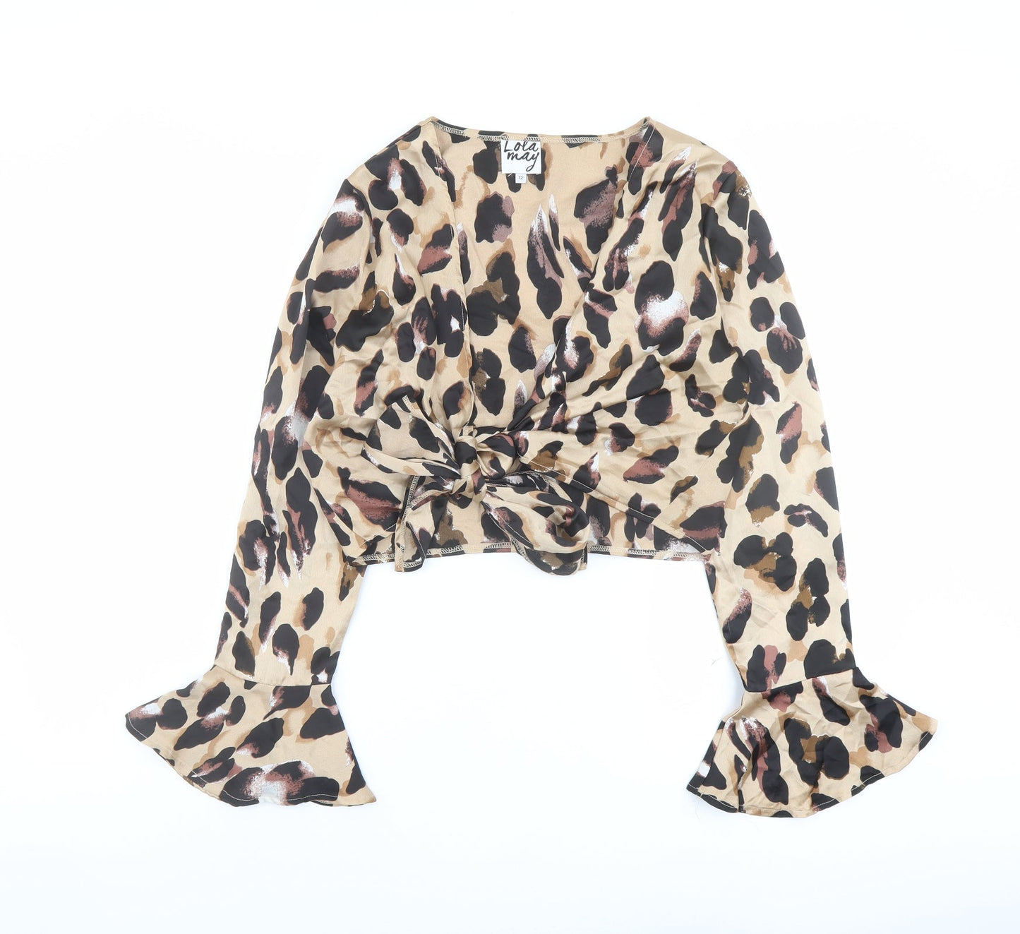 Lola May Womens Brown Animal Print Polyester Cropped Blouse Size 12 V-Neck - Leopard Print