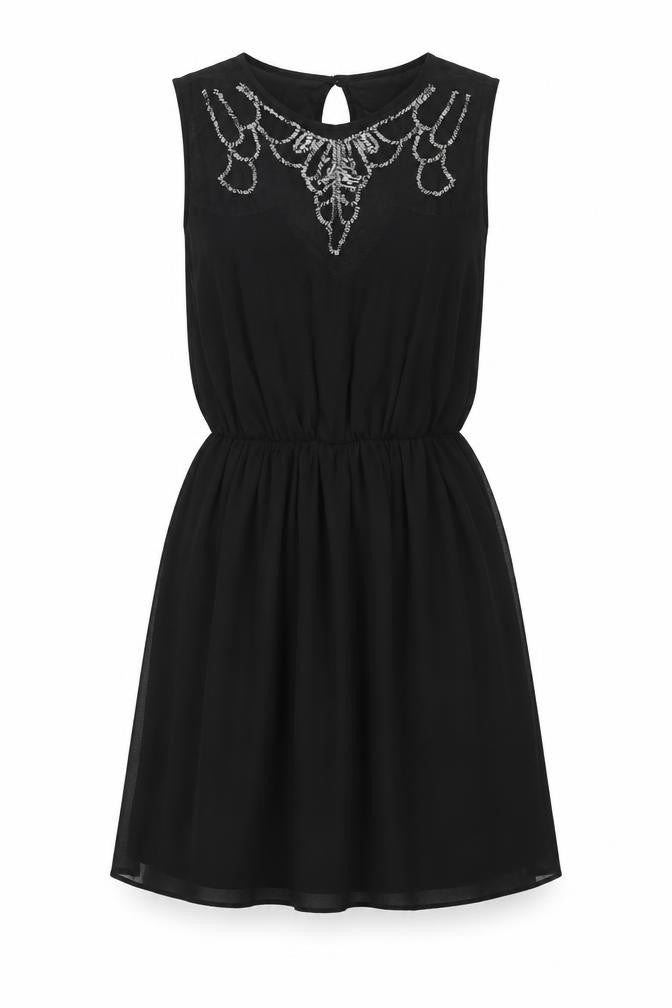 Front view of ASOS women’s black polyester fit & flare, size UK 8, roll neck button