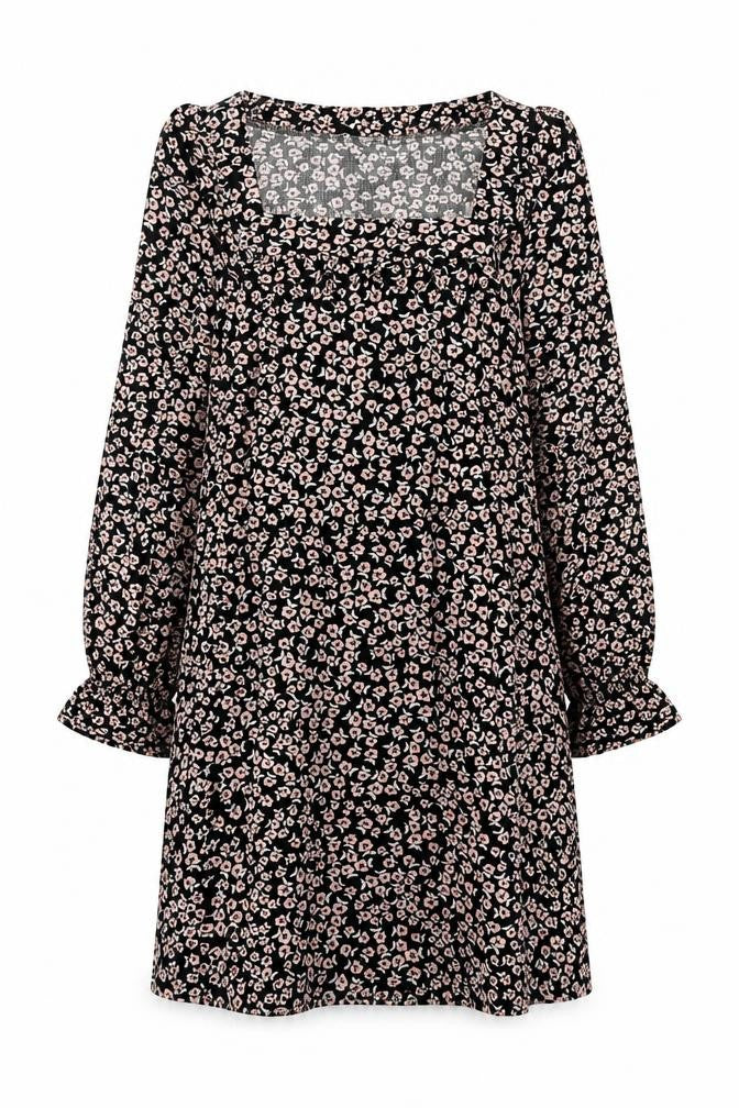 Front view of Miss Selfridge women’s multicoloured floral polyester a-line, size UK 12, square neck pullover