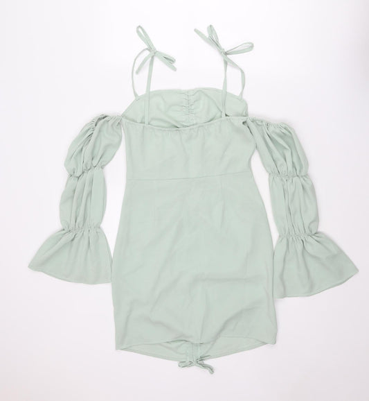Boohoo Womens Green Polyester Mini Size 12 Off the Shoulder Zip