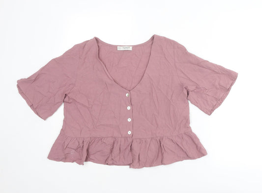 Pull&Bear Womens Purple Viscose Basic Blouse Size M V-Neck