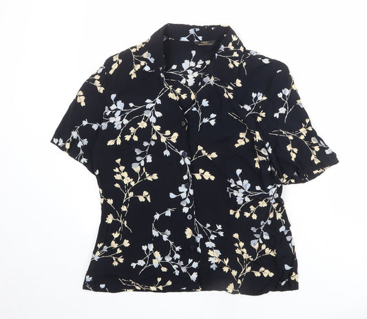 St Michael Womens Blue Floral Viscose Basic Button-Up Size 14 Collared