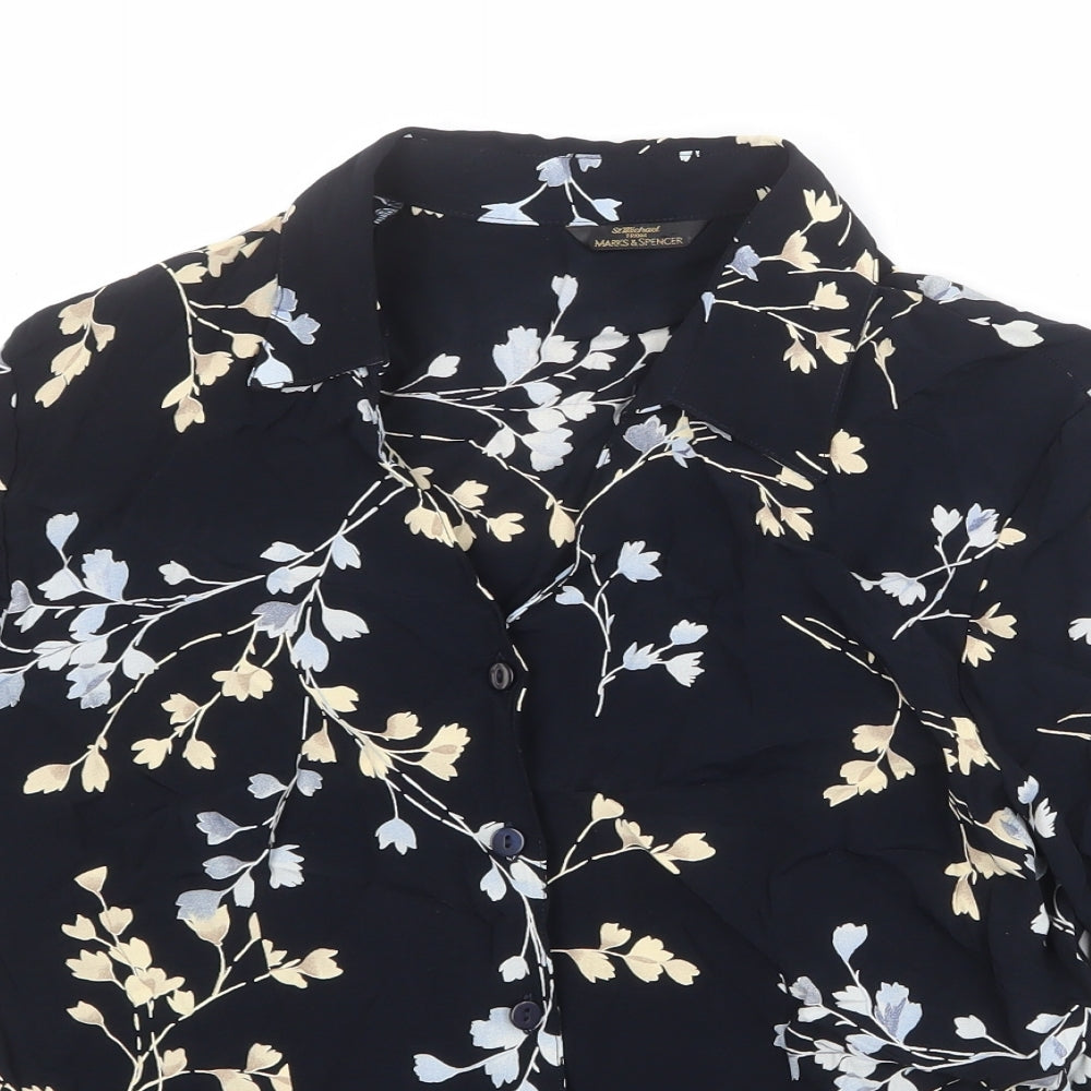St Michael Womens Blue Floral Viscose Basic Button-Up Size 14 Collared