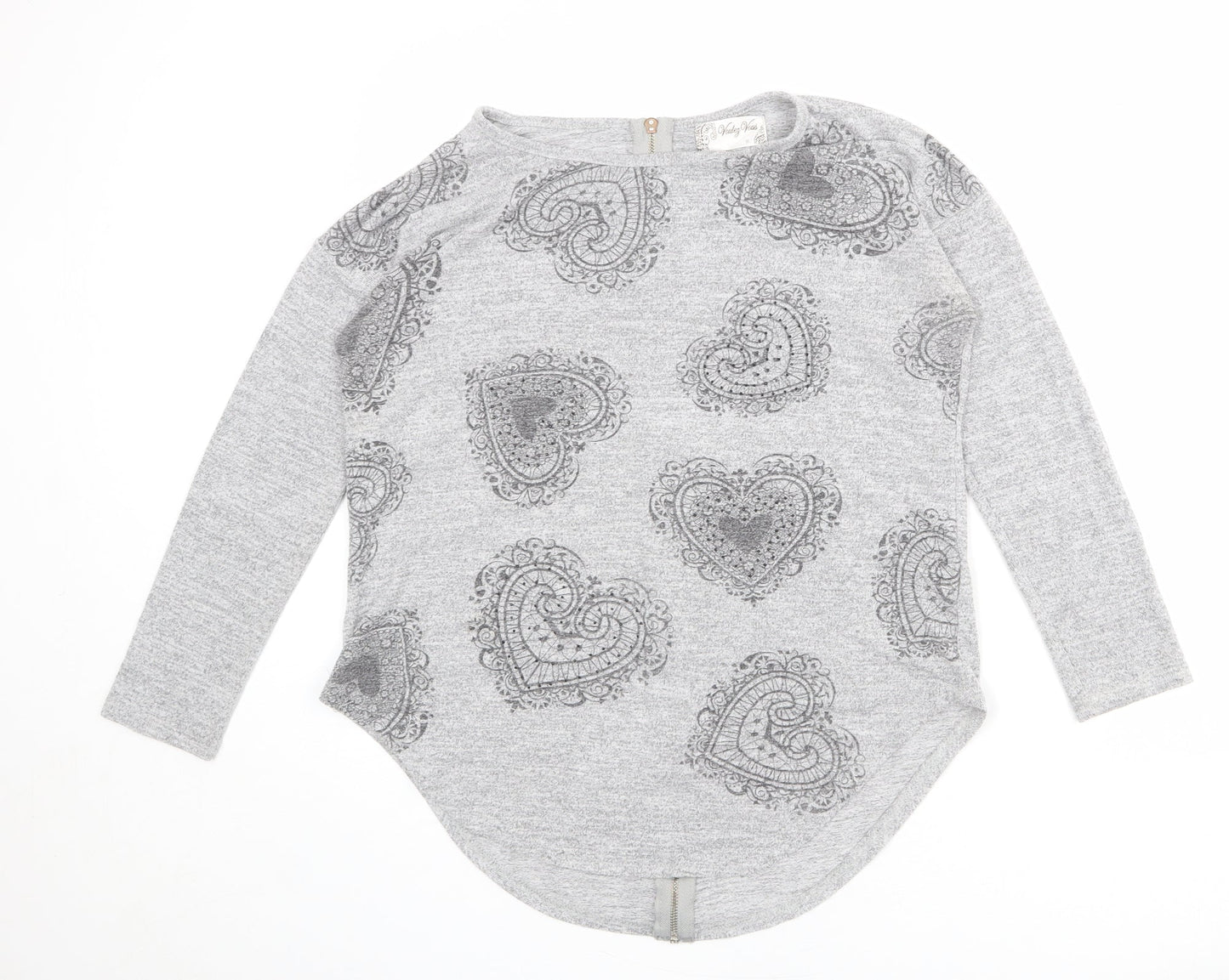 Vouley Vous Womens Grey Round Neck Geometric Viscose Pullover Jumper Size S - Heart Pattern