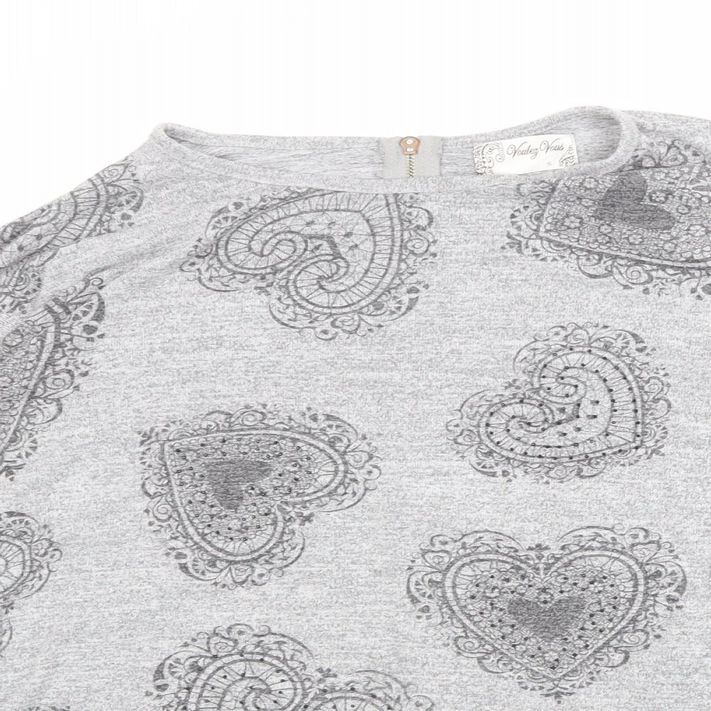 Vouley Vous Womens Grey Round Neck Geometric Viscose Pullover Jumper Size S - Heart Pattern