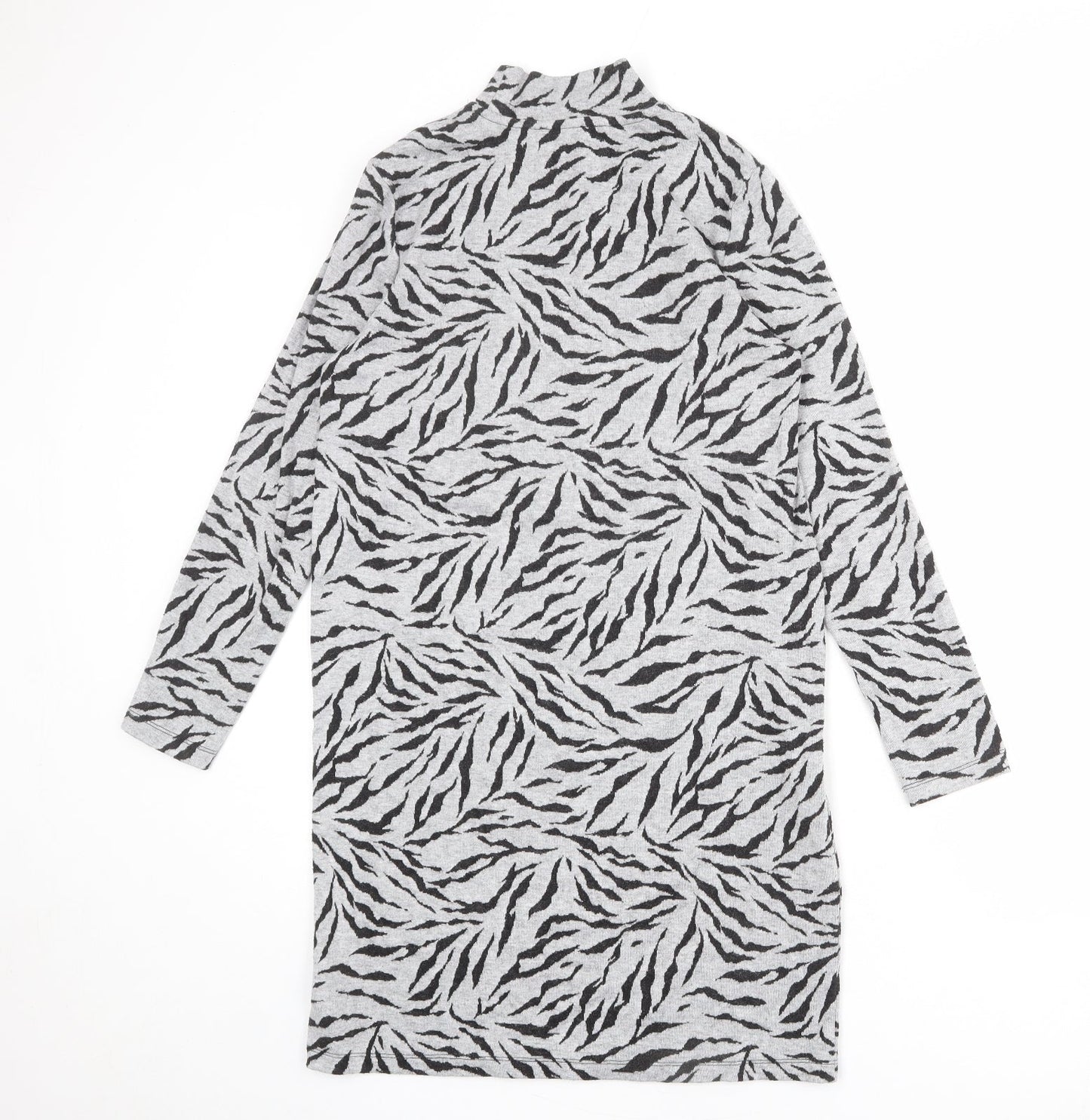 Marks and Spencer Womens Grey Animal Print Polyester Jumper Dress Size 10 Mock Neck Pullover