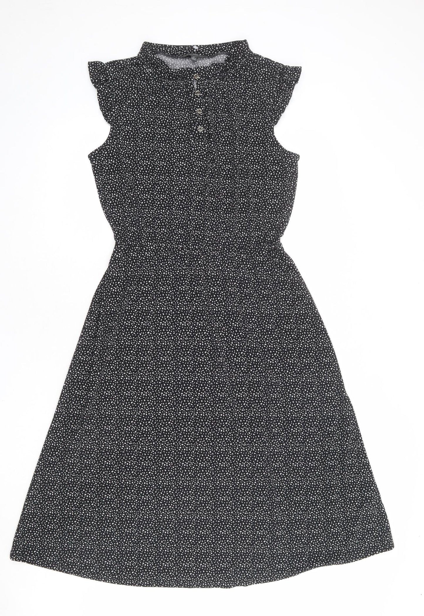 Adrianna Papell Womens Black Geometric Polyester Fit & Flare Size S Mock Neck Button