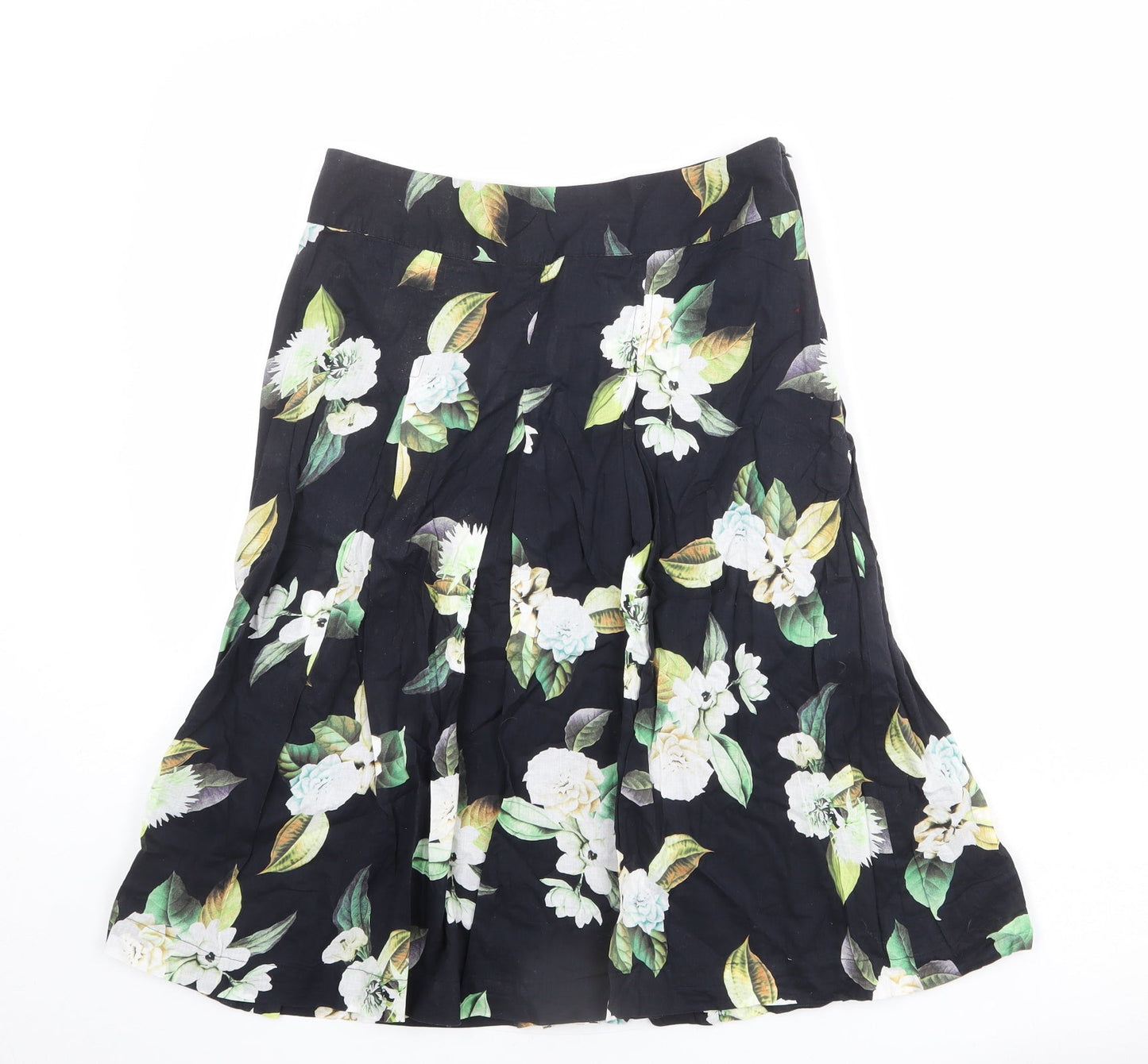 Phase Eight Womens Black Floral Cotton Swing Skirt Size 10 Zip