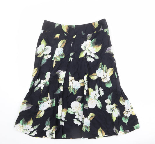 Phase Eight Womens Black Floral Cotton Swing Skirt Size 10 Zip