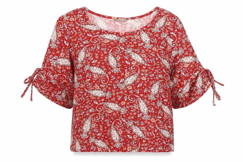 ORSAY Womens Red Paisley Viscose Basic Blouse Size L Boat Neck - Tie Sleeve Detail