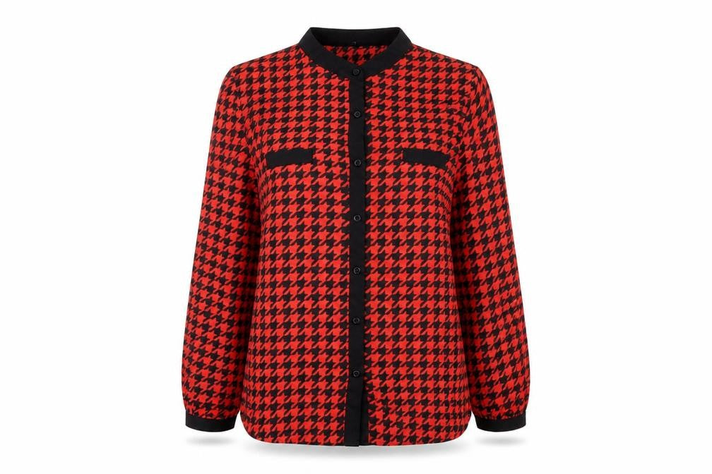 Le Ciel Womens Red Geometric Polyester Basic Button-Up Size L Round Neck