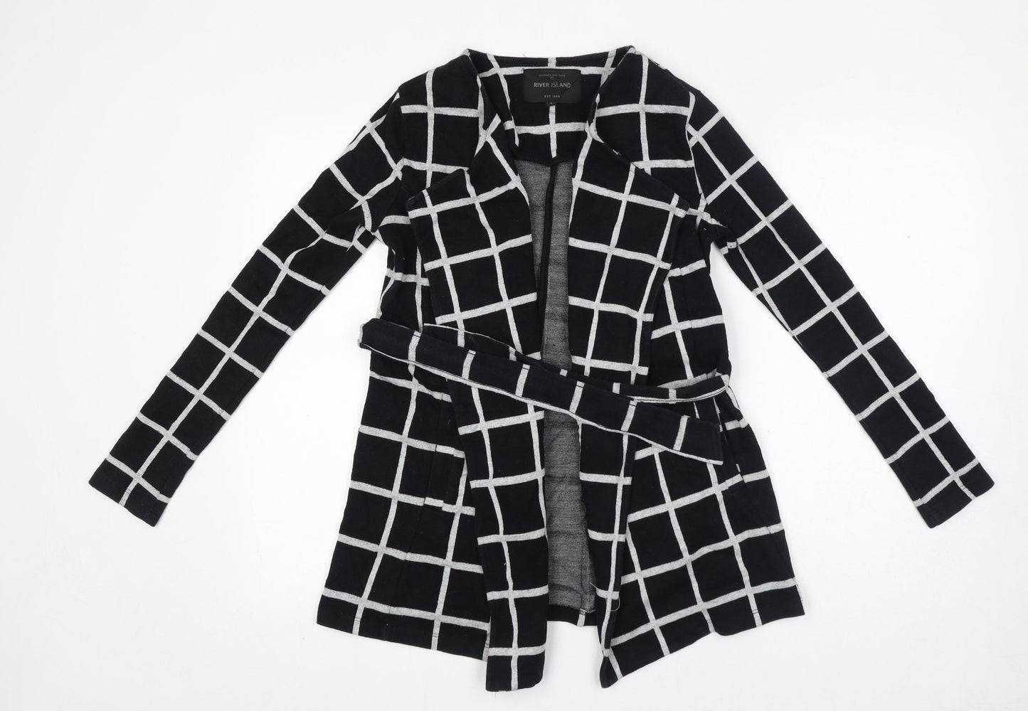 River Island Womens Black Check Cotton Jacket Coatigan Size 6 Tie