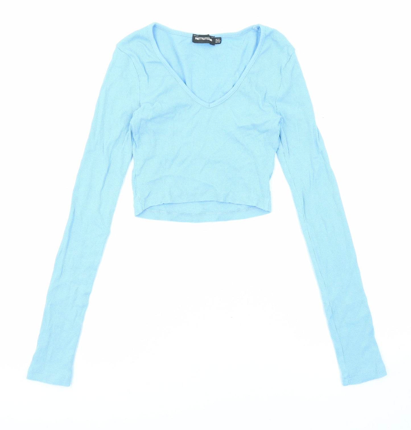PRETTYLITTLETHING Womens Blue Polyester Cropped Blouse Size 4 V-Neck