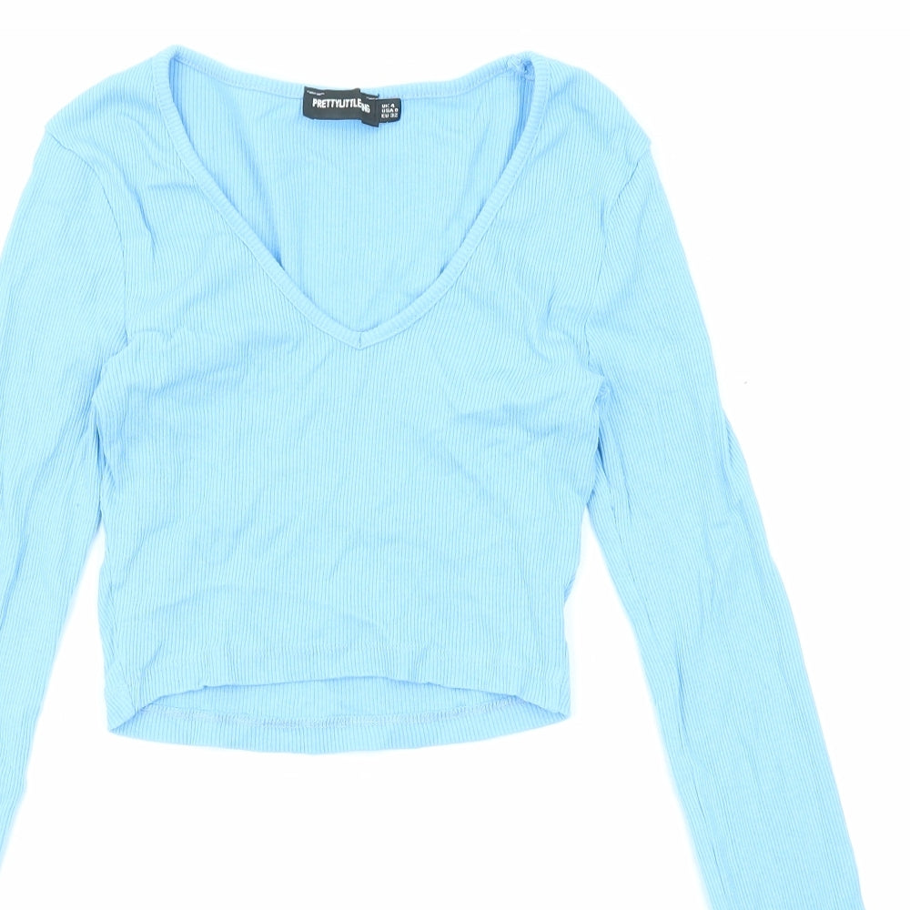PRETTYLITTLETHING Womens Blue Polyester Cropped Blouse Size 4 V-Neck