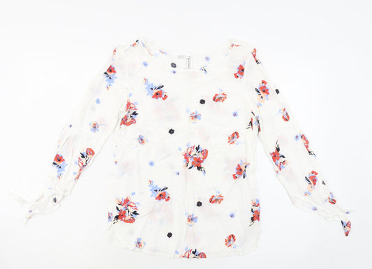 Rainbow Womens White Floral Viscose Basic Blouse Size 8 Round Neck