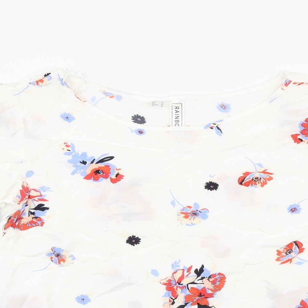 Rainbow Womens White Floral Viscose Basic Blouse Size 8 Round Neck